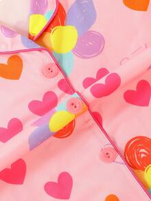 2pcs/Set Girls & Teens Casual Cartoon Heart & Flower Print Lapel Long Sleeve Cardigan And Pants Pajama Set, Flame Retardant, Suitable For Christmas & All Seasons - Pink - View 5