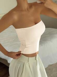 Áo hai dây không đường may, màu trơn, ôm sát, co giãn, kiểu dáng thời trang dành cho nữ của Vaiaye, thích hợp mặc thường ngày vào mùa xuân và hè. - Màu be - Xem 9