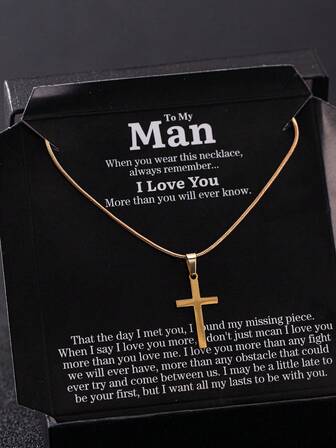 1pc Minimalist Men's Stainless Steel Cross Pendant Necklace Gift Box, Suitable For Gifting To Boyfriend/Husband, Comes With Love Quote Card To Express Affection