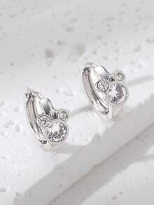 1pc Funny Cartoon Mouse Hoop Earrings Fashionable Simple Style Copper Silver Inlaid With Sparkling Cubic Zirconia Women's Earrings Ideal For Casual Wearing And Gifting - Silver - View 8