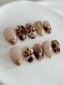 10片装 Y2K 潮流美甲，杏仁形短款立体雕刻棕色印花美甲，金色法式美甲，手工制作，裸色底胶，适合女生日常佩戴，按压式美甲，假指甲，美甲用品，手工按压式美甲 - 棕色 - 查看 3