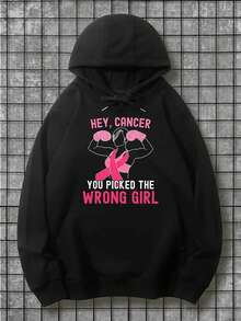 Women's & Men's Breast Cancer Awareness Hooded Sweater - Unisex Couple Matching Cancer Ribbon Design With Pink Ribbon & Boxing Graphic, Supportive Text, All-Season Casual Pullover For Hiking & Activities, Machine Washable - Black With Pink Lettering & Cancer Ribbon, Solidarity Apparel For Cancer Groups & Casual Attire (Regular Fit, Unisex Adult) - 2025 Edition,Fall Hoodies,Men's Fall Clothes,Street Wear,Halloween,Mens Hoodies,Y2k Clothes,Jesus Hoodie,Thanksgiving Day,Nightmare Before Christmas,Christmas - 黑色 - 查看 1