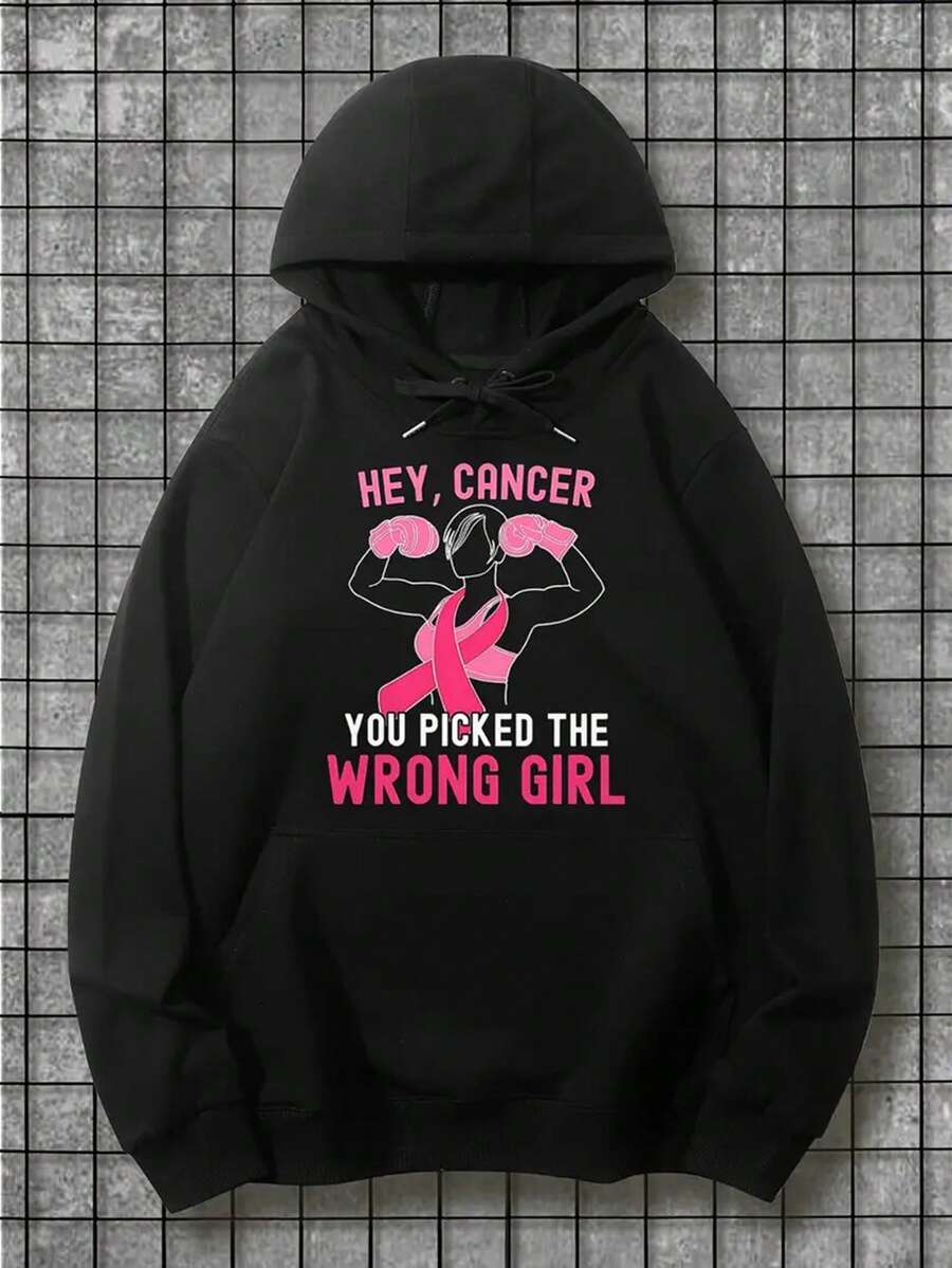 Women's & Men's Breast Cancer Awareness Hooded Sweater - Unisex Couple Matching Cancer Ribbon Design With Pink Ribbon & Boxing Graphic, Supportive Text, All-Season Casual Pullover For Hiking & Activities, Machine Washable - Black With Pink Lettering & Cancer Ribbon, Solidarity Apparel For Cancer Groups & Casual Attire (Regular Fit, Unisex Adult) - 2025 Edition,Fall Hoodies,Men's Fall Clothes,Street Wear,Halloween,Mens Hoodies,Y2k Clothes,Jesus Hoodie,Thanksgiving Day,Nightmare Before Christmas,Christmas - 黑色 - 查看 1
