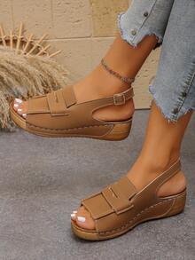 Giày sandal nữ đế dày, khóa cài, hở mũi, màu trơn, phong cách bohemian, thanh lịch, thời trang nghỉ mát, gợi cảm, sandal đế xuồng có khóa cài, thích hợp cho trong nhà, ngoài trời, bãi biển mùa hè. - màu nâu - Xem 2