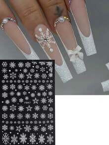 2片装闪亮白色雪花圣诞美甲贴纸，冬季雪景HOHO字母糖粉雪花美甲贴，圣诞新年美甲设计装饰，美甲用品 - 彩色 - 查看 4