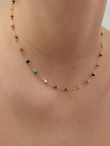 Nooxian 1 buah Kalung Wanita, Kalung Buatan Tangan dari Baja Tahan Karat dengan Manik-Manik Batu Alam Campuran Warna Acak, Aksesori Penumpukan Sehari-hari (Warna & Jumlah Manik-Manik Acak, Tanpa Kotak Hadiah) - Yellow Gold - View 9