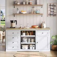 Sideboard, Kitchen Island, Bar Cabinet With 5 Drawers, 2 Pull-Out Shelves, Foldable Extension Panel, And Integrated Power Outlets, For Kitchen, Dining Room, And Living Room, White, 150*65*75 Cm - White - View 6