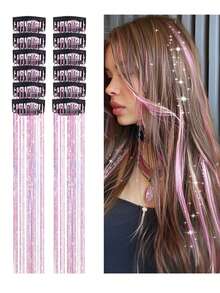 12件装闪亮发饰夹，20英寸闪光发饰接发片，夹式合成假发，发饰套装，耐热闪亮仙女发饰，适合女性和女孩日常佩戴、派对和万圣节，爪夹、发爪、发夹、发卡 - 彩色 - 查看 14