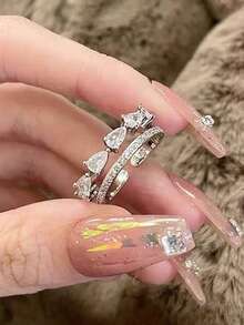 5 件奢华优雅时尚方晶锆石几何泪珠叶独特优雅铜戒指套装，适合婚礼、派对、日常佩戴（无礼盒） - 銀色 - 查看 10