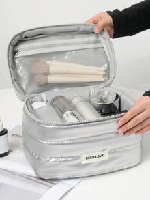 1 Túi đựng mỹ phẩm mùa đông mềm mại cho nữ, màu trơn, cỡ lớn, túi đựng đồ trang điểm du lịch, đồ dùng vệ sinh cá nhân, quà tặng thiết yếu, túi đựng đồ có khóa kéo, phụ kiện, túi đựng móng tay, trang trí phòng, túi xách, túi trang điểm, du lịch, túi đựng đồ trang điểm, quà tặng cho nữ, quà Giáng sinh, ý tưởng quà tặng cho nữ, túi nhỏ, túi đựng mỹ phẩm, đồ dùng du lịch thiết yếu - Bạc - Xem 2