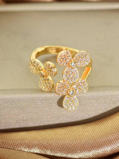 خاتم أنيق فاخر من الذهب/الفضة بتصميم البرسيم المرصع بالزركونيا، مناسب للنساء للاستخدام اليومي والأعمال والحفلات والزفاف والسفر وهدايا عيد الفطر وعيد الأضحى