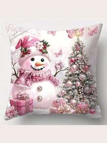 4 件套节日圣诞抱枕套，17.2 英寸 x 17.2 英寸，图案包括雪人、驯鹿、圣诞老人和小矮人，拉链式涤纶抱枕套，适用于客厅沙发装饰，现代风格，可机洗，不含枕芯，圣诞抱枕套 - 粉色 - 查看 5