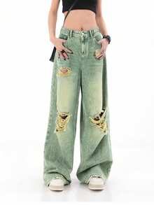 Women's Casual Straight Leg Ripped Pocket Jeans - Navy Blue - View 4