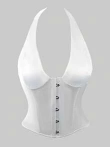 缎面抹胸露脐上衣，配有可调节肩带、前钩扣和后系带设计、钢圈塑形腰部，适合女性在圣诞节和感恩节穿着。 - 白色 - 查看 8