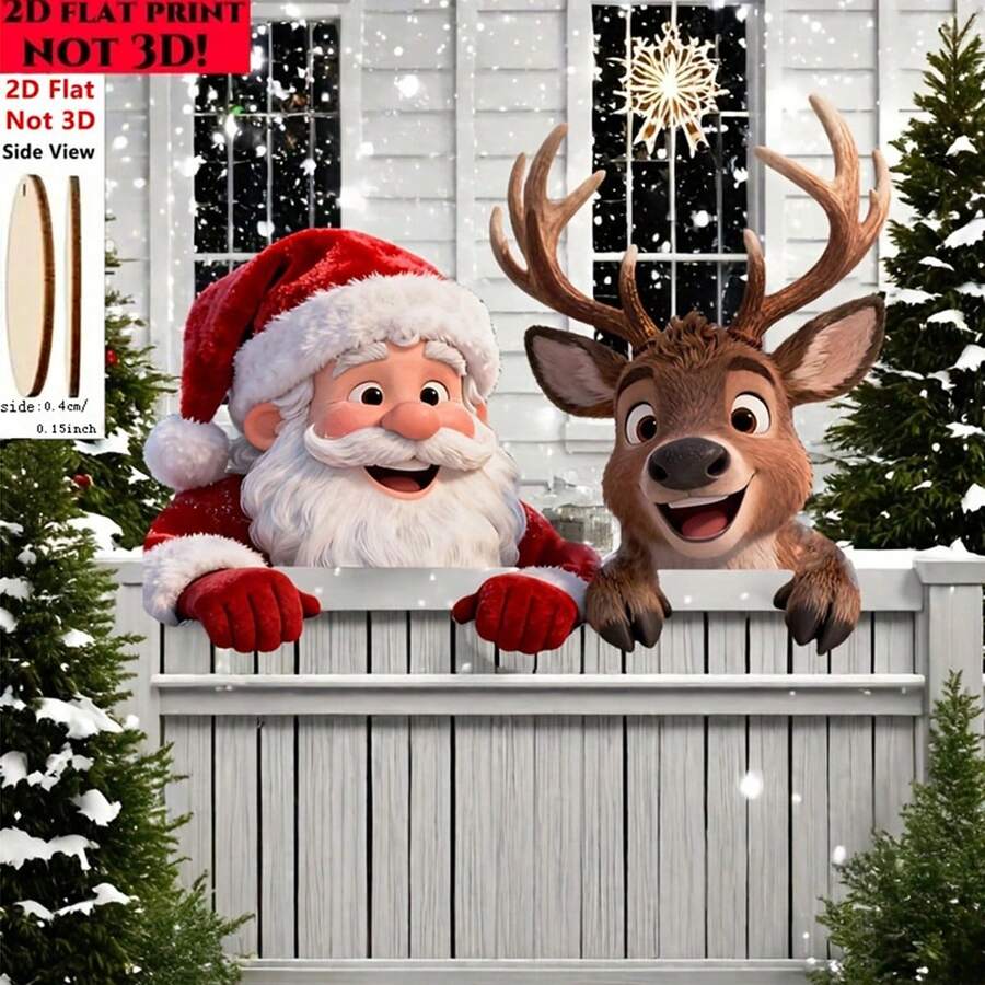 Christmas Fence Peeker Decorations Funny Peeking Reindeer Santa Yard Sign Cute Outdoor Xmas 2D Fence Art Ornament For Holiday Winter Lawn Decor Christmas Decorations Home Christmas Gifts Christmas Decor