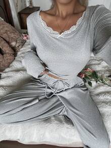 Nina Bonheur 2pcs Women Lace Patchwork Long Sleeve Top + Elastic Waist Pants Cute Pajama Set - Grey - View 4