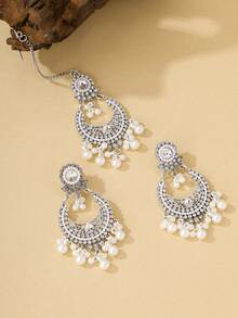 3件套奢华仿珍珠吊坠耳环+头链首饰套装，适合女士日常佩戴和女孩派对佩戴