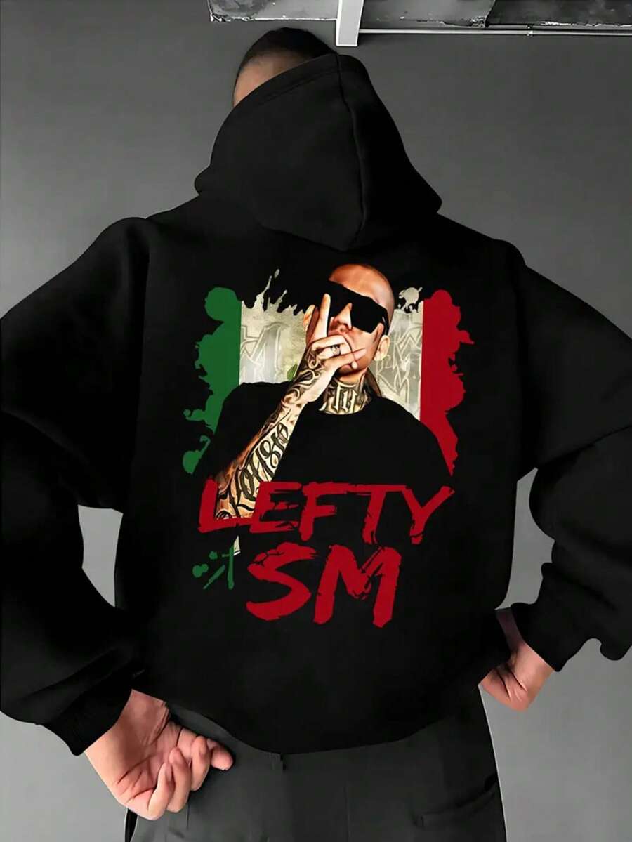 Men's Italian Flag Graphic Hooded Sweatshirt - Green/White/Red Print With Lefty Tattoo Design, Casual Pullover Hoodie With  Pocket, Machine Washable Autumn Winter Warmth For Outdoor & Casual Attire,Fall Hoodies,Men's Fall Clothes,Street Wear,Halloween,Mens Hoodies,Y2k Clothes,Jesus Hoodie,Thanksgiving Day,Nightmare Before Christmas,Christmas - 黑色 - 查看 1