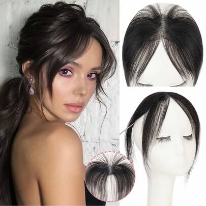 Extensiones de cabello humano Remy con flequillo francés elegante y lindo, con base de encaje para uso diario, Halloween y Navidad para mujeres con raya al medio