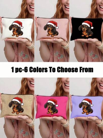 Christmas Sausage Dog Themed Large-Capacity Portable Cosmetic Bag, Printed With A Cute Sausage Dog Wearing A Santa Hat, Coin Purse, Cosmetic Bag, Pencil Case, Nail Polish, Portable Toiletries Bag, Air Cushion Storage, Lightweight Foldable Storage Bag