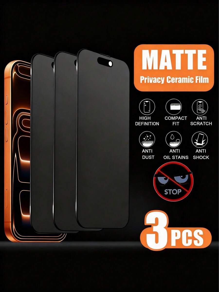 3片装磨砂隐私屏幕保护膜,兼容 17/16 Pro Max/16E/16 Plus/15 Pro Max/14/13/12/11/XR/X/XS/7/8,2.5D防指纹磨砂隐私屏幕保护膜,全覆盖,陶瓷磨砂屏幕保护膜,9H防窥磨砂隐私膜 - 3件 - 查看 1