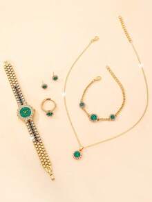 1 Set Reloj de mujer con gemas con incrustaciones de rhinestone, reloj de cuarzo + collar + aretes + pulsera + anillo Set con correa ajustable, tono dorado vintage, reloj de cuarzo de mujer con gemas, perfecto para fiestas, vacaciones, atuendos de cumpleaños o como el mejor regalo para tu mejor amiga - Dorado - Ver 6