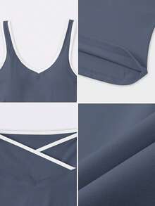 NcmRyu 1 Set Women's High Elasticity Contrast Color V-Neck Slim Waist Tank Top And Pants Sports Suit Summer - 霧霾藍 - 查看 3