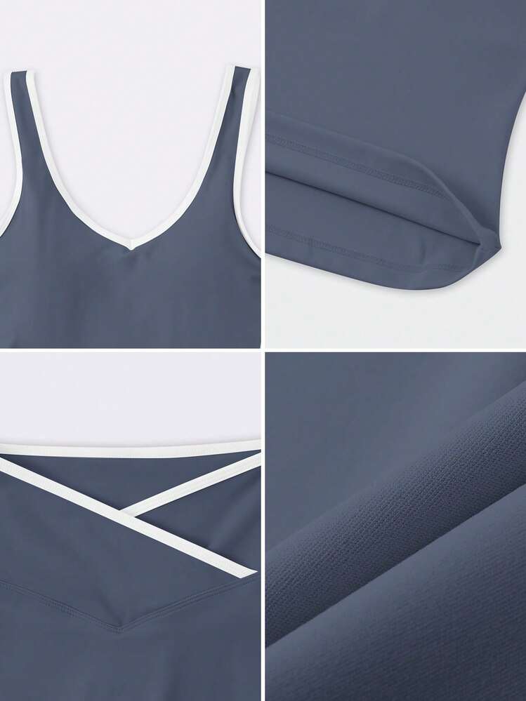 NcmRyu 1 Set Women's High Elasticity Contrast Color V-Neck Slim Waist Tank Top And Pants Sports Suit Summer - Màu xanh bụi bặm - Xem 3