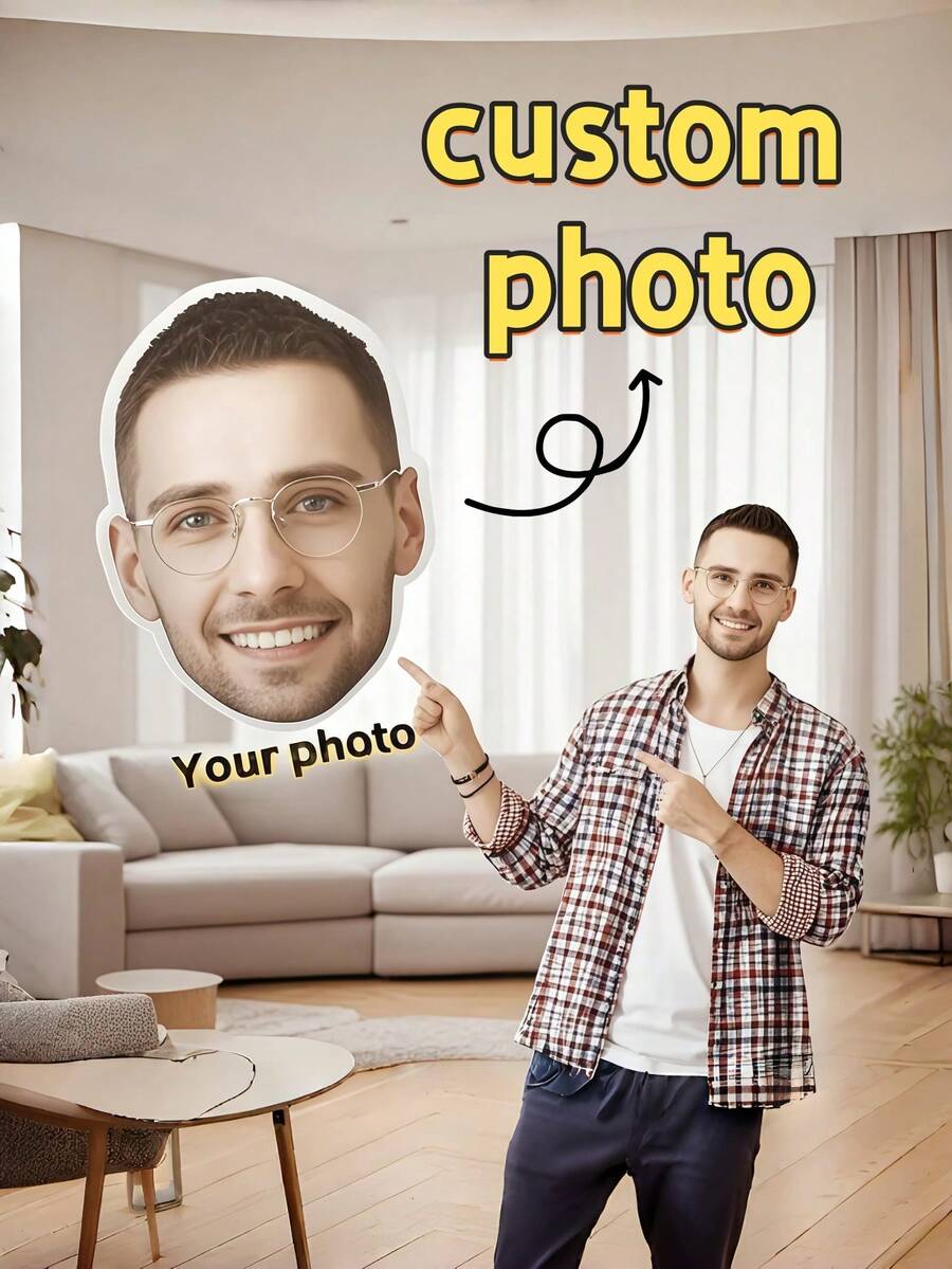 1pc Custom Face Pillow, Double-Sided, Custom Photo – Living-Room, Dorm, RV, Office Nap Sofa Cushion; Father's/Mother's Day, Halloween, Christmas, Easter - Black - View 1