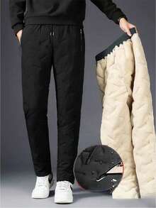 男士保暖内衬宽松户外防风保暖裤，休闲时尚羊羔绒运动裤 - 黑色 - 查看 6