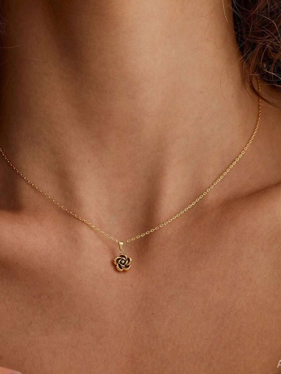 1 件不锈钢项链女士山茶花项链优雅花朵吊坠项链黄金首饰妈妈礼物女士礼物 - 金色 - 查看 1