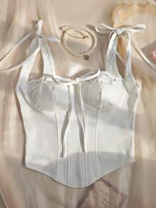 EZNV White Tie-Shoulder Boned Corset - Stylish Bustier, Enhances Curves & Comfortable For Daily - White - View 7