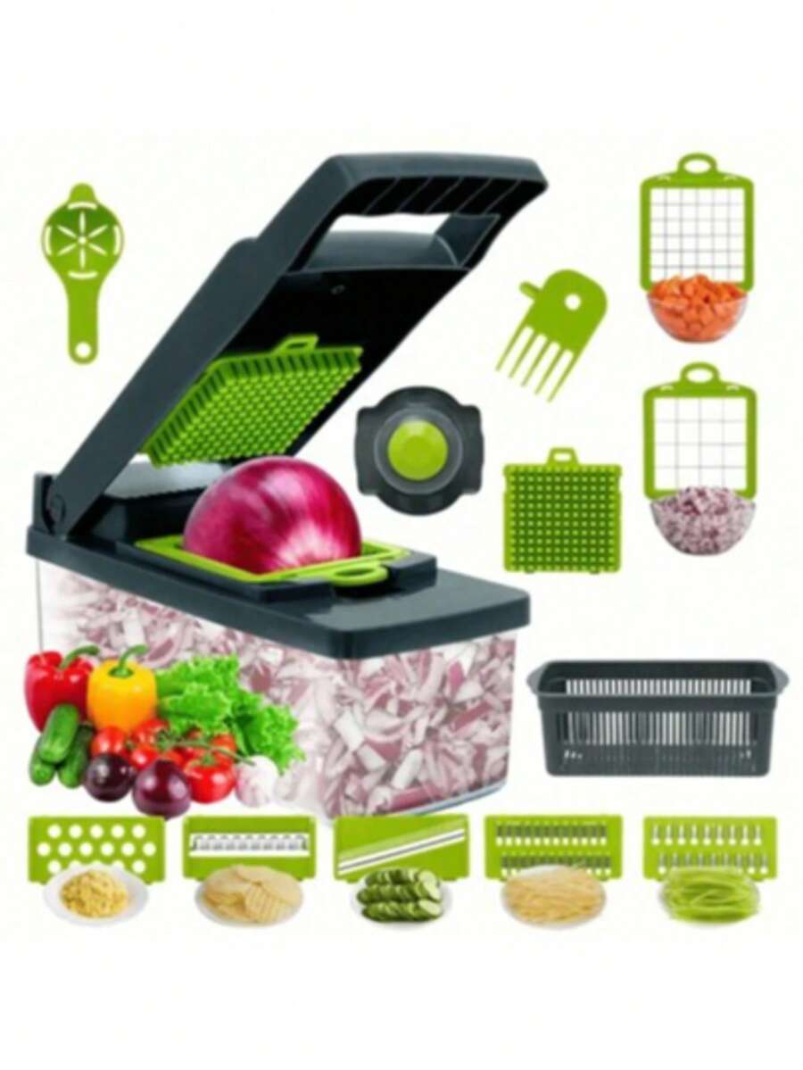 16pcs Multifunctional Vegetable Chopper Set - Manual Food Processor With Container, Perfect For Slicing, Dicing & Shredding Fruits & Veggies - EManual Kitchen Gadget, No Electricity Needed, Quick Cleanup - For Home, Restaurant, Meal Prep - Garlic, Onion, Potato, Carrot, Salad Prep - Compact Storage Design, Noelectricity Kitchenware, Sleek Kitchen Tool - 灰色 - 查看 1