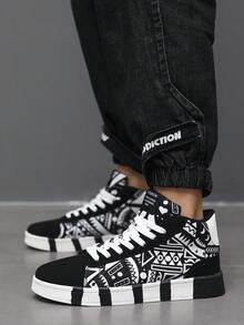 Pantofi sport sport casual confortabili pentru bărbați, cu șireturi înalte, cu model geometric, alb-negru, cu graffiti, cu litere patchwork, stil Fndy Personalities