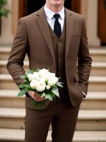 Furuyal Autumn/Winter Men's Herringbone Tweed 3 PiecesSuit Set, Gentleman's Solid Color Double-Breasted Slim Fit Formal Business Single-Breasted Suit Jacket, Vest & Pants Set, Suitable For Galas, Parties, Vintage Gentleman Style, Brown, Size XS-3XL