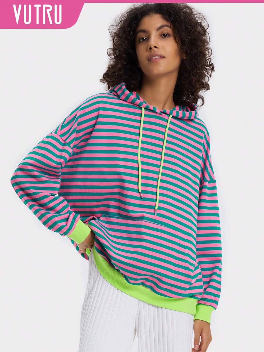VUTRU 1件经典复古女式运动卫衣撞色条纹休闲家居服及慢跑上衣 - 粉色 - 查看 1
