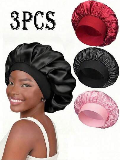 3PCS Shower Caps, Satin Caps, Hats, Hairnets, Silk Caps, Suitable For Hair Care, Home And Bathroom Use, Autumn And Winter Silk Caps, Hats, Shower Caps, Suitable For Skin Care, Face Washing, Sleep, Home Use, Blow-Drying, Cleaning Hair; Student Supplies, Bathroom Supplies, Home Supplies, Bathroom And Hair Care Accessories