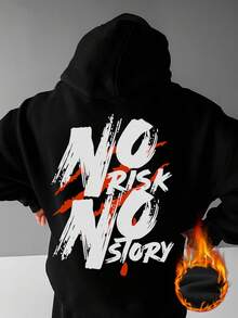 K-GLORY Men's "No Risk No Story" Slogan Print Thermal Lined Hoodie, American Street Style, Autumn/Winter - Black - View 4