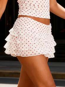 Women's Summer Mini Skirt Casual Stylish Dot Print Layered Ruffled Mid Rise Short Skirt - Pink - View 5