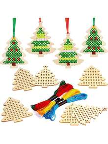 34pcs- Christmas Wooden Cross Stitch Kit Cross Stitch Wooden Ornaments Christmas Hanging Decorations Handicrafts Christmas Decorations For Christmas Tree Decorations (Tree Shape)
