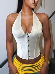 Sexy Satin Corset Tops Overbust Halter Crop Cami Tank Top Hook Front Lace Up Back Backless Boned Snatched Waist Tummy Control Shapewear For Women Christmas Thanksgiving Outfit - 白色 - 查看 3