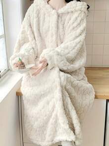 Bata de estar por casa de felpa jacquard de color sólido, bata con capucha de manga larga con botones, de corte holgado con bolsillos, ropa de estar por casa para mujer - Beis - Ver 3