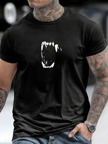 Men's Dog Bite Printed T-Shirt 100% Cotton 30.1 Combed Thread - 黑色 - 查看 2