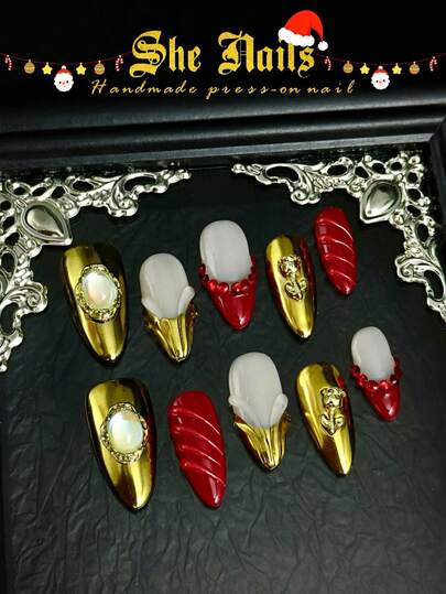 A Series Of Christmas Nails Red Nails Recommended For Christmas Day: DIY 10pcs Of French Y2K Red Nails White Nails Hand Drawn Hearts, Bows, 3D Bow Accessories Decoration, 3D Red Silver Diamonds, Silver Beads White Pearls Medium Long Almond Shaped Pure Handmade Acrylic Press On Nails For The Coming Festivals Like Valentine And Wedding.