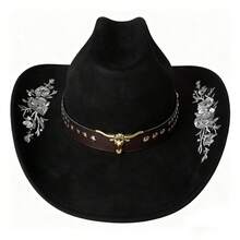 Women Men Embroidery Cowgirl Hat Wide Brim Cattle Head Belted Wool Hat Felt Jazz Cap For Party - 黑色 - 查看 6