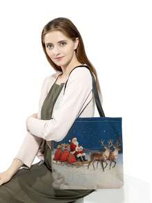 Vintage Christmas Print Tote Bag, Portable Travel Beach Bag, Large Capacity Fashion Casual Versatile Handbag, Santa Claus Reindeer Sleigh Pattern, Daily Commute Canvas Bag, Reusable Shopping Bag, Christmas Lover Gift