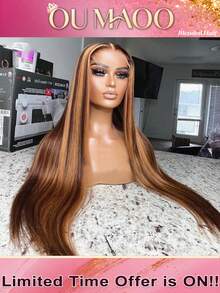 200% 密度高光渐变色 5X5 直发假发巴西原生发 13*4 蕾丝前假发 - 蜂蜜金色假发，预拔婴儿头发，预漂白结和自然发际线，蕾丝闭合前假发，可直接佩戴，无需胶水，女士无胶假发，万圣节假发 - SP4/27 - 查看 2