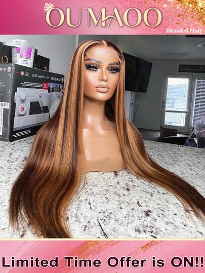 200% 密度高光渐变色 5X5 直发假发巴西原生发 13*4 蕾丝前假发 - 蜂蜜金色假发，预拔婴儿头发，预漂白结和自然发际线，蕾丝闭合前假发，可直接佩戴，无需胶水，女士无胶假发，万圣节假发