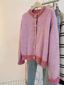 ii Plus Size Women Casual Color Block Patchwork Cardigan, Autumn/Winter - Pink - View 3
