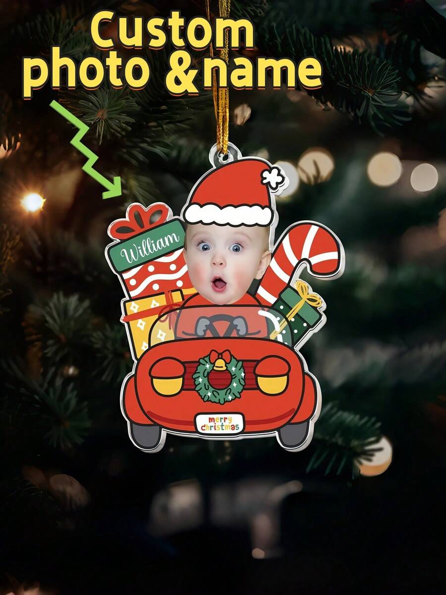 1pc Acrylic Christmas Tree Pendant, Custom Photo & Name -Cartoon Car Design – Home, Office, Entryway, Classroom, Winter-Birthday, Halloween, Thanksgiving, Christmas-Eve, New-Year Party; Gift For Friend, Lover, Holiday Keepsake - Multicolor 1 - View 1